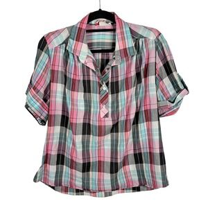 Vintage Shirt Accent Plaidvin Pink Short Sleeve Popover Top 18W plus cottagecore